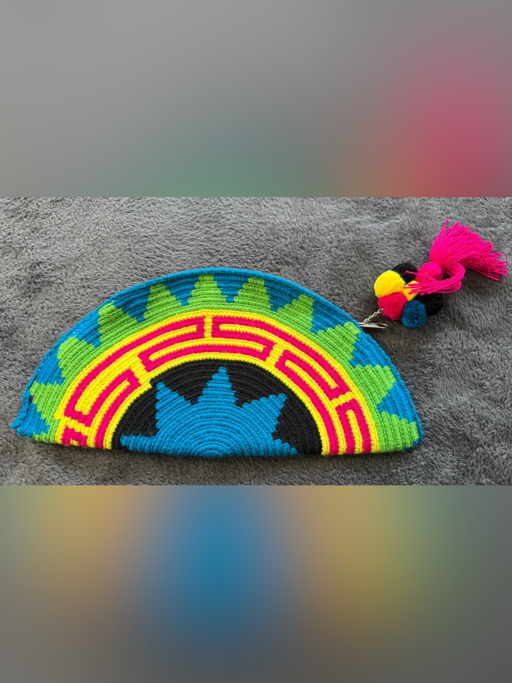 Handwoven Semicircle Clutch in Bright Blue, Green & Yellow